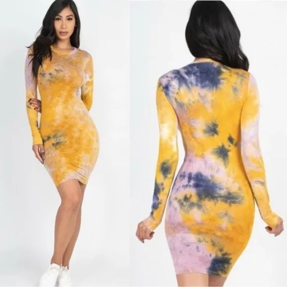 Tie-Dye Basic Long Sleeve Bodycon Dress - Picture 1 of 7